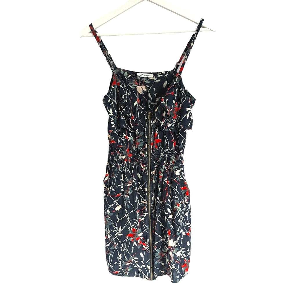 XTAREN Black Red Floral Zip Mini Dress Pockets Size XS Small